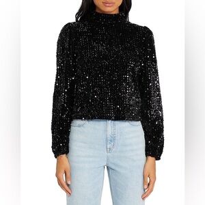 Sanctuary All Nighter Black Sequin Mock Neck Zipper Blouse Top L71805 Size Med
